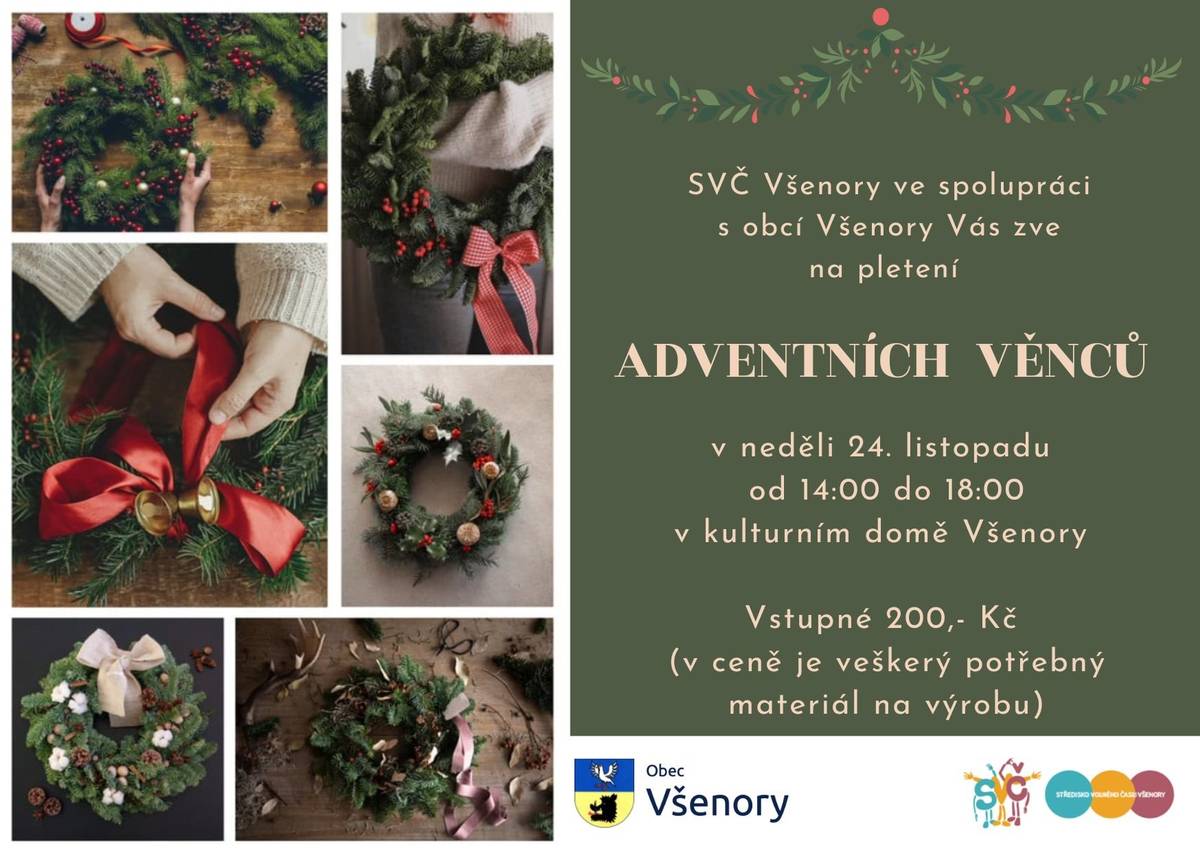 Středisko volného času s obcí Všenory Vás zve na vázání adventních věnců, které se uskuteční v neděli 24.11. 2024 od 14h v Kulturním domě Všenory.   Přijďte si uvázat vlastní adventní věnec, vstupné 200 Kč. V ceně je materiál na výrobu.  Srdečně Vás také zveme na tradiční Výstavu her a hlavolamů i Vánoční trhy. Výstava her a hlavolamů proběhne v sobotu 30.11. 2024 od 9 h do 18 hodin a Vánoční trhy od 13 hodin v Kulturním domě Všenory. Vstupné na Hry a hlavolamy je Kč 50,- dospělý, 20 Kč děti od 6 do 15 let.