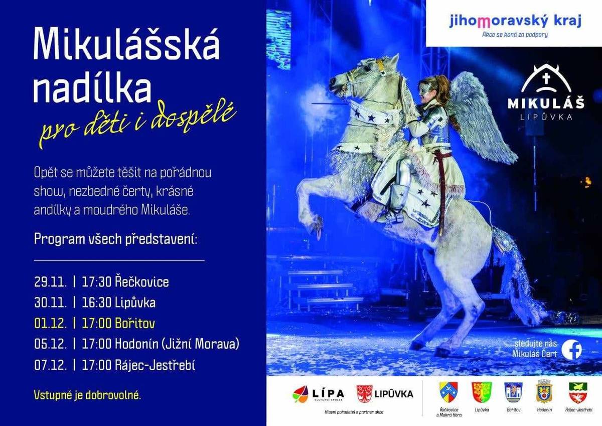 Spolek Lípa zve na Mikulášskou nadílku s čerty, anděly a Mikulášem. I letos je akce v Lipůvce (30.11.) ve stejném termínu, kdy u nás v Újezdě proběhne slavnostní rozsvícení vánočního stromu. Zájemci však mají možnost na představení zajet třeba do Bořitova (1.12.) nebo Rájce (7.12.).
