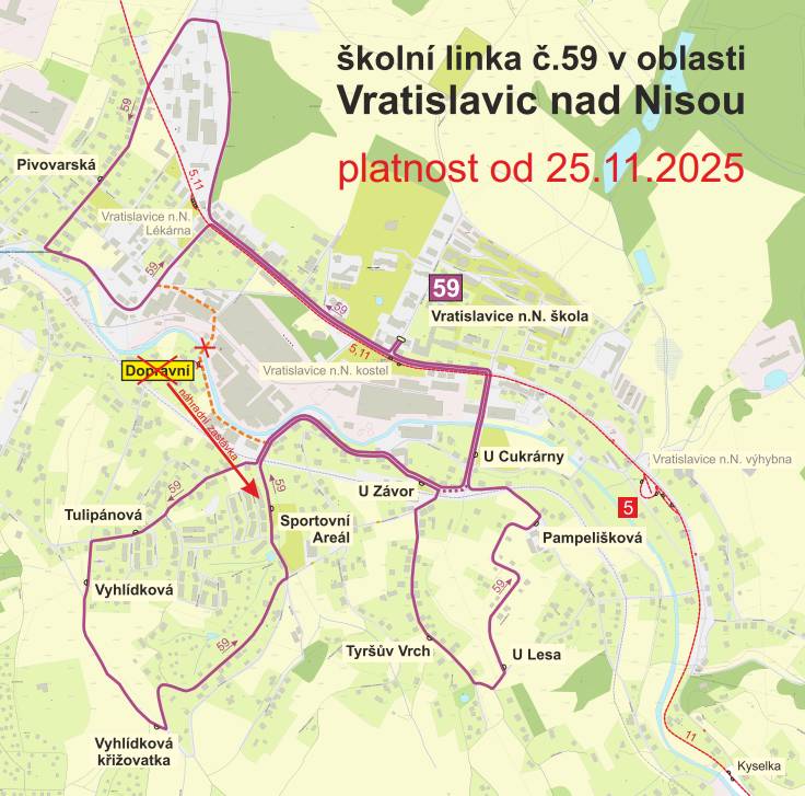 Z důvodu havarijního stavu mostu v ulici Rumburská dojde od pondělí 25. listopadu ke změně jízdního řádu na trase linky č. 59. Do odvolání nebude školní autobus obsluhovat zastávku Dopravní. Děkujeme za pochopení. Dopravní podnik měst Liberce a Jablonce nad Nisou, a. s.