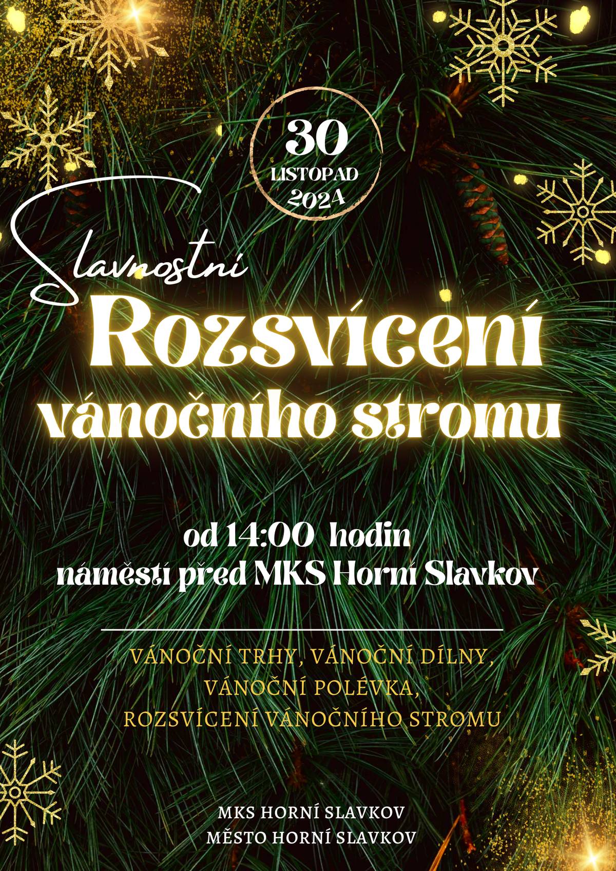 Městké kulturní středisko a Město Horní Slavkov srdečně zvou v sobotu 30. listopadu na slavnostní rozsvícení vánočního stromu, vánoční trhy, dětské dílny, vánoční polévku.