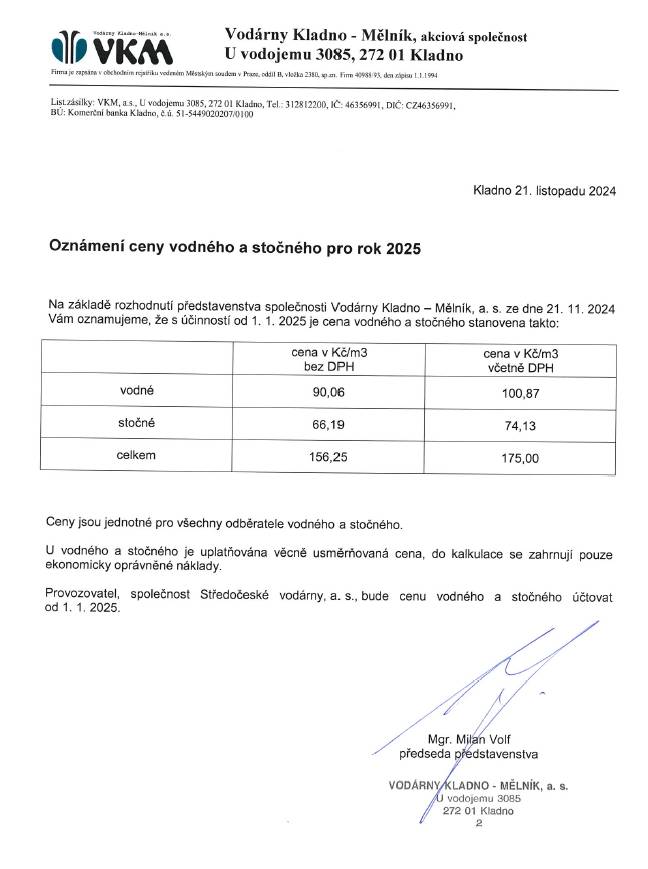 Ceník vodného pro rok 2025.