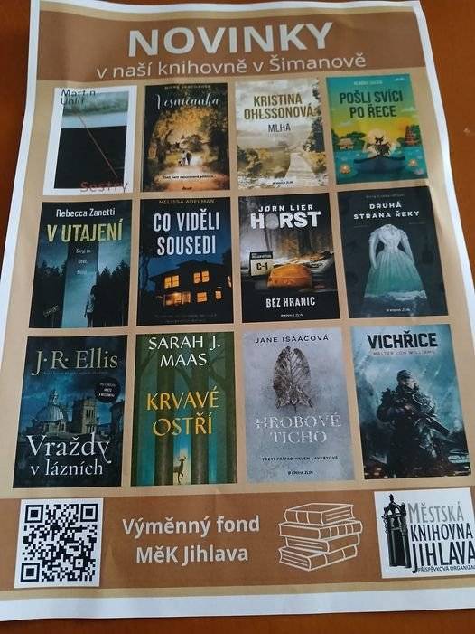 Obecní knihovna v Šimanově nabízí k zapůjčení nové knihy z výpůjčního fondu z Městské knihovny Jihlava. Knihovna bude ve středu 27.11.2024 otevřena od 16:30 do 17:30.