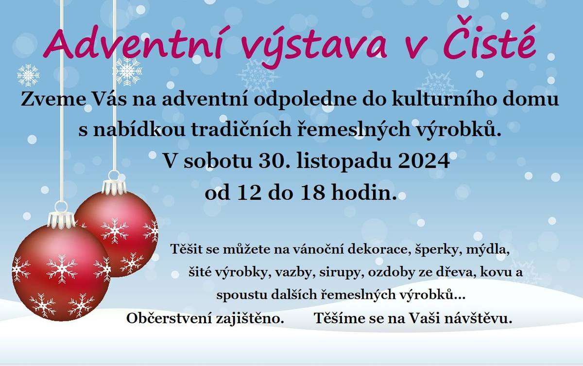 Pozvánka na Adventní výstavu v Čisté 30.11.2024.