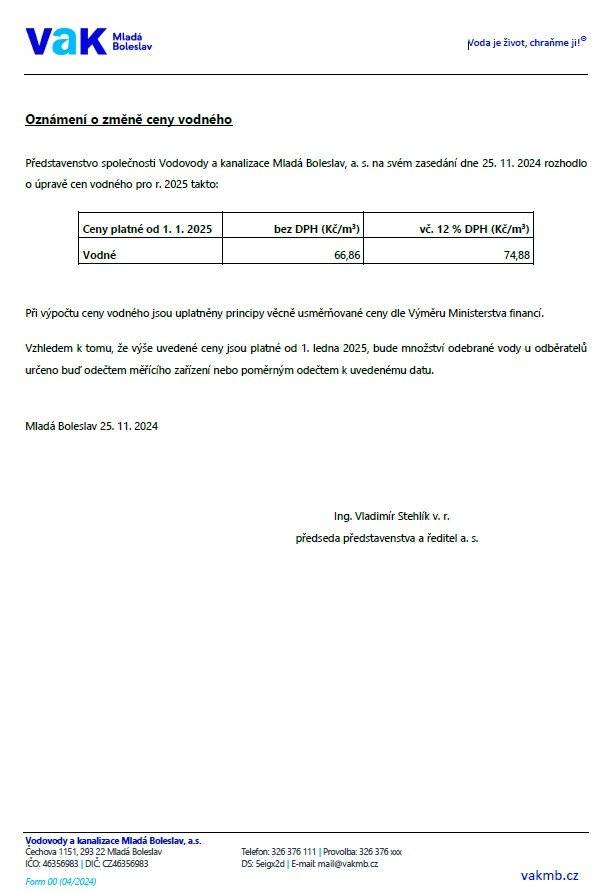 Společnost VaK Mladá Boleslav informuje o úpravě ceny vodného pro r. 2025 - nově bude účtováno 74,88 Kč./m3.