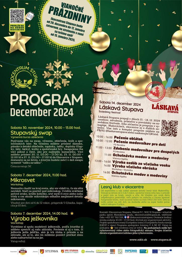 Záver novembra a december bude u nás v Ekocentrum Stupava patriť príprave na zime a Vianociam. Pozrite si podrobný program na celý mesiac.