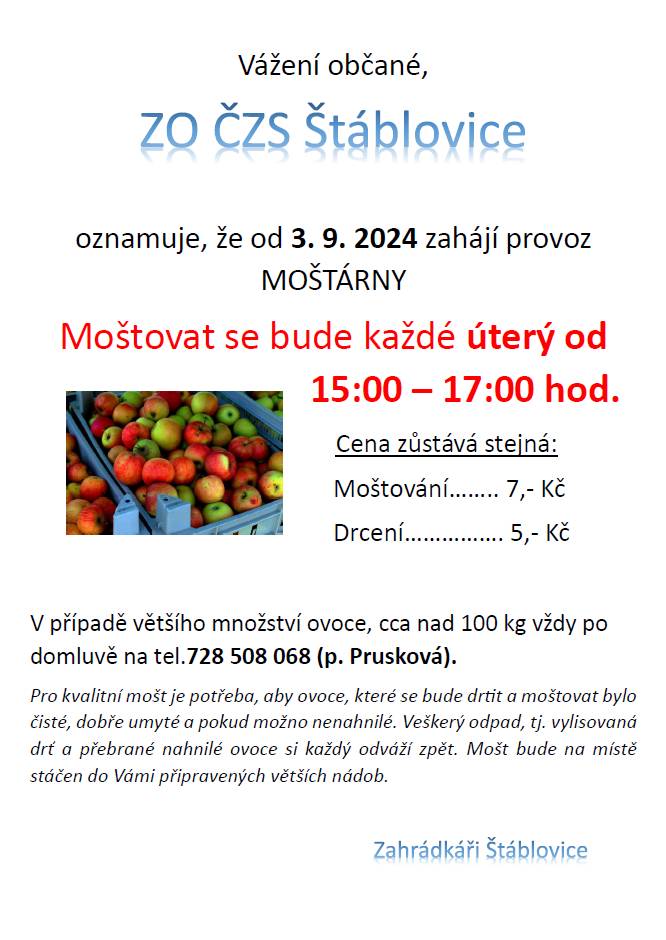 Moštárna ve Štáblovicích oznamuje, že od 3. září zahajuje provoz