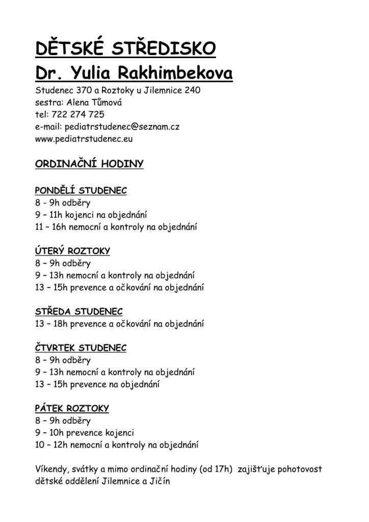 změna ordinačních hodin dětské lékařky