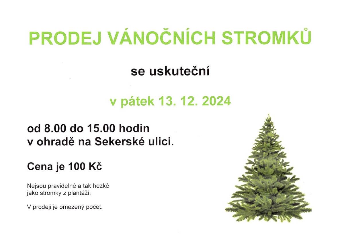 Pro naše občany opět nabízíme omezený počet stromků. Prodej se uskuteční v pátek 13. 12. 2024 na Sekerské ulici. Je potřeba počítat s nepravidelnými tvary, nejsou tak hezké jako stromky s plantáží. Cena zůstává 100,-Kč za stromek.