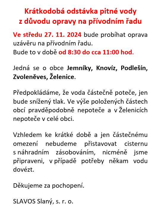 Krátkodobá odstávka pitné vody