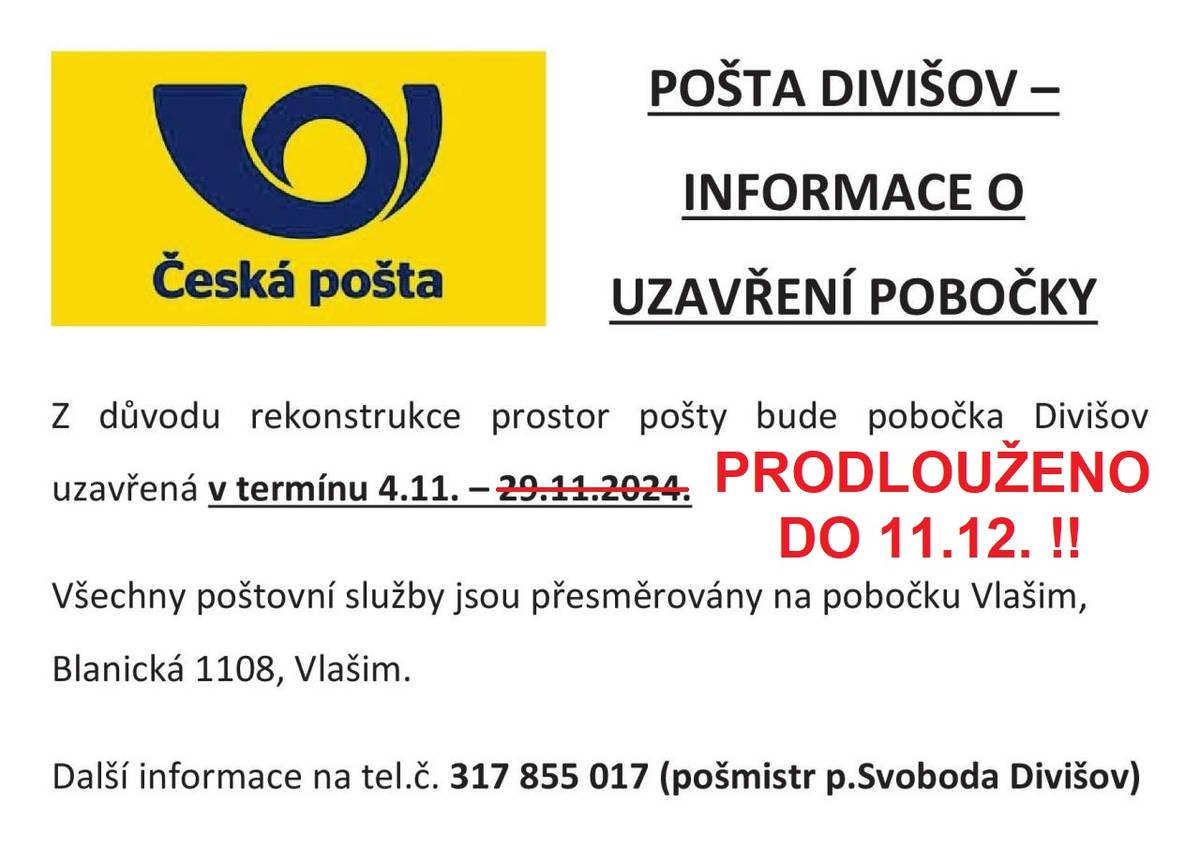 Termín uzavření pošty Divišov prodloužen do 11.12.2024.
