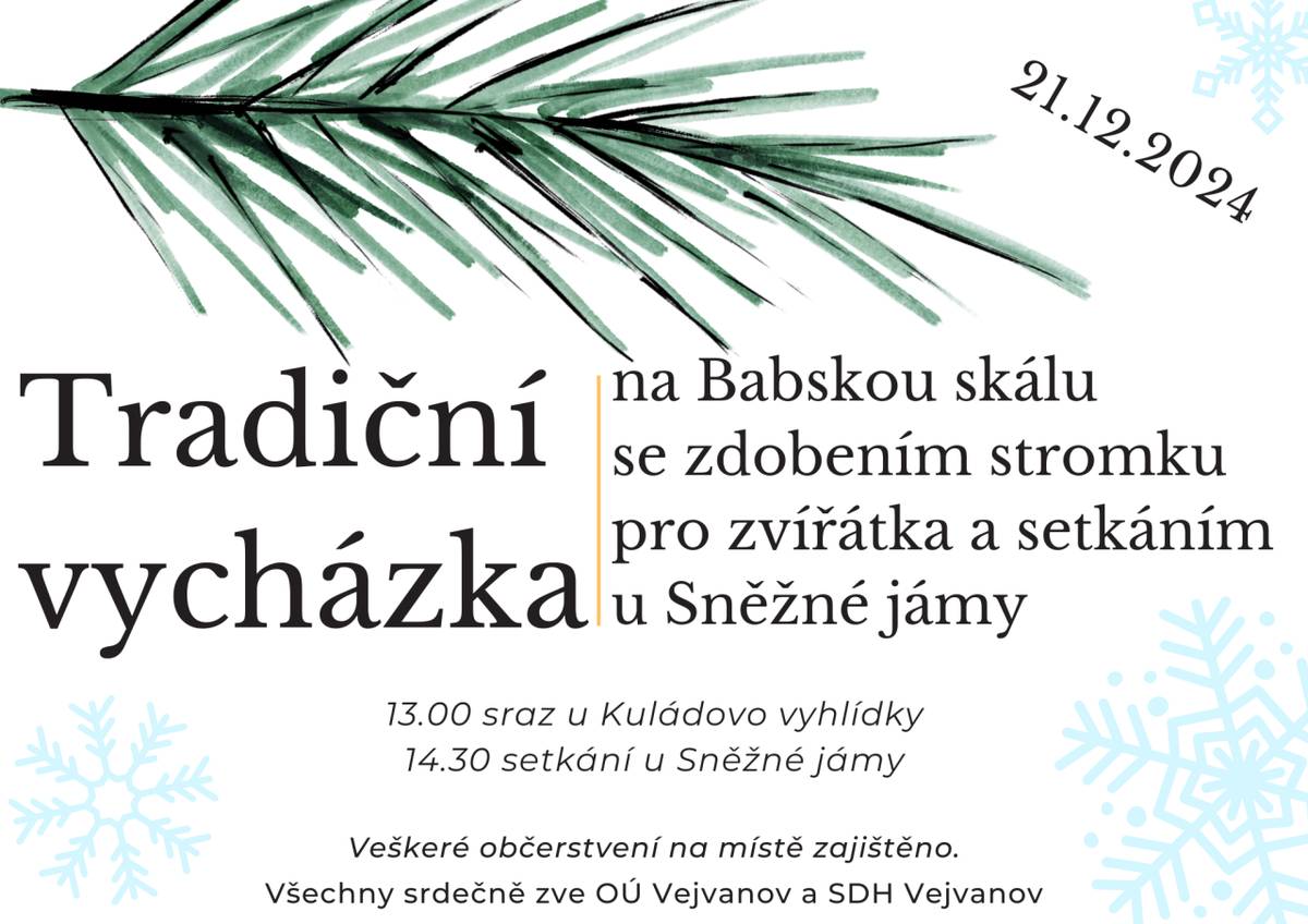 Tradiční vycházka na Babskou skálu se uskuteční 21.12.2024  13:00 sraz u Kuládovo vyhlídky   14:30 setkání u Sněžné jámy