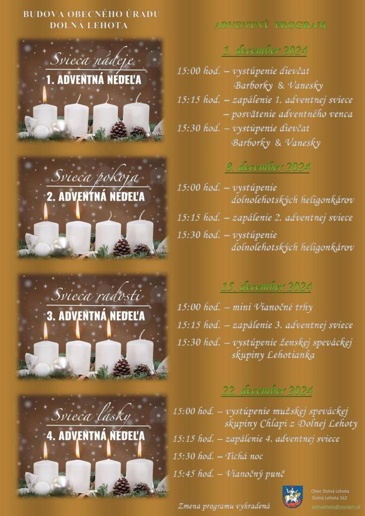 Pripravte sa na adventný čas! Srdečne Vás pozývame na spoločné zapálenie sviec na adventnom venci v našej Dolnej Lehote. Pridajte sa k nám a oslávme tento výnimočný čas spoločne.