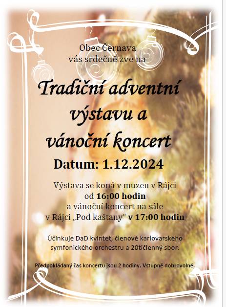 už tato neděle 1.12.2024 je první adventní nedělí, a proto mi dovolte vás pozvat od 16:00 h na naši tradiční prodejní výstavu ve Vesnickém muzeu, po které bude od 17:00 h následovat adventní koncert na sále v KD. Letos bychom také chtěli přidat další tradici, společné pečení vánoček v naší nové komunitní peci. Chcete být první, kdo si vánočku v Soptíkovi upeče?  Přineste ji v 15:45 h ke komunitní peci, před zahájením výstavy budou vánočky vloženy do pece. Čas pečení si můžete zkrátit prohlídkou výstavy v muzeu, kde určitě nakoupíte vánoční výzdobu, případně drobné dárky pro své blízké a přátele. Samozřejmě pro vás bude připraven svařáček a naše chlebíčky se sádlem. Přijďte se naladit na tu správnou předvánoční atmosféru, těšíme se na vás.
