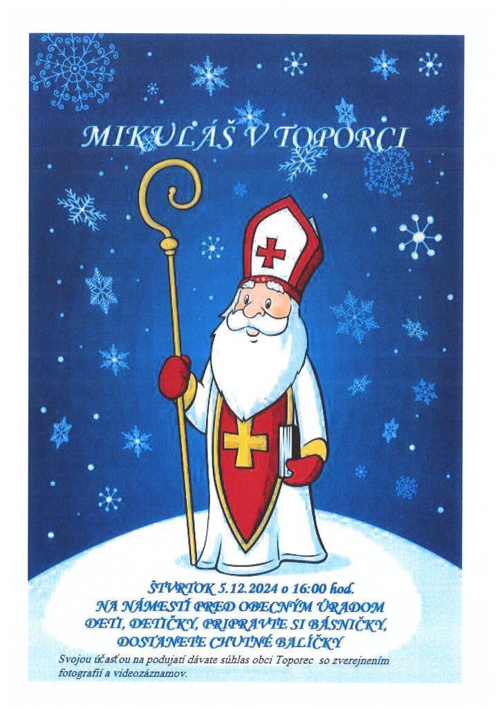 Obec Toporec vás srdečne pozýva na stretnutie s Mikulášom.