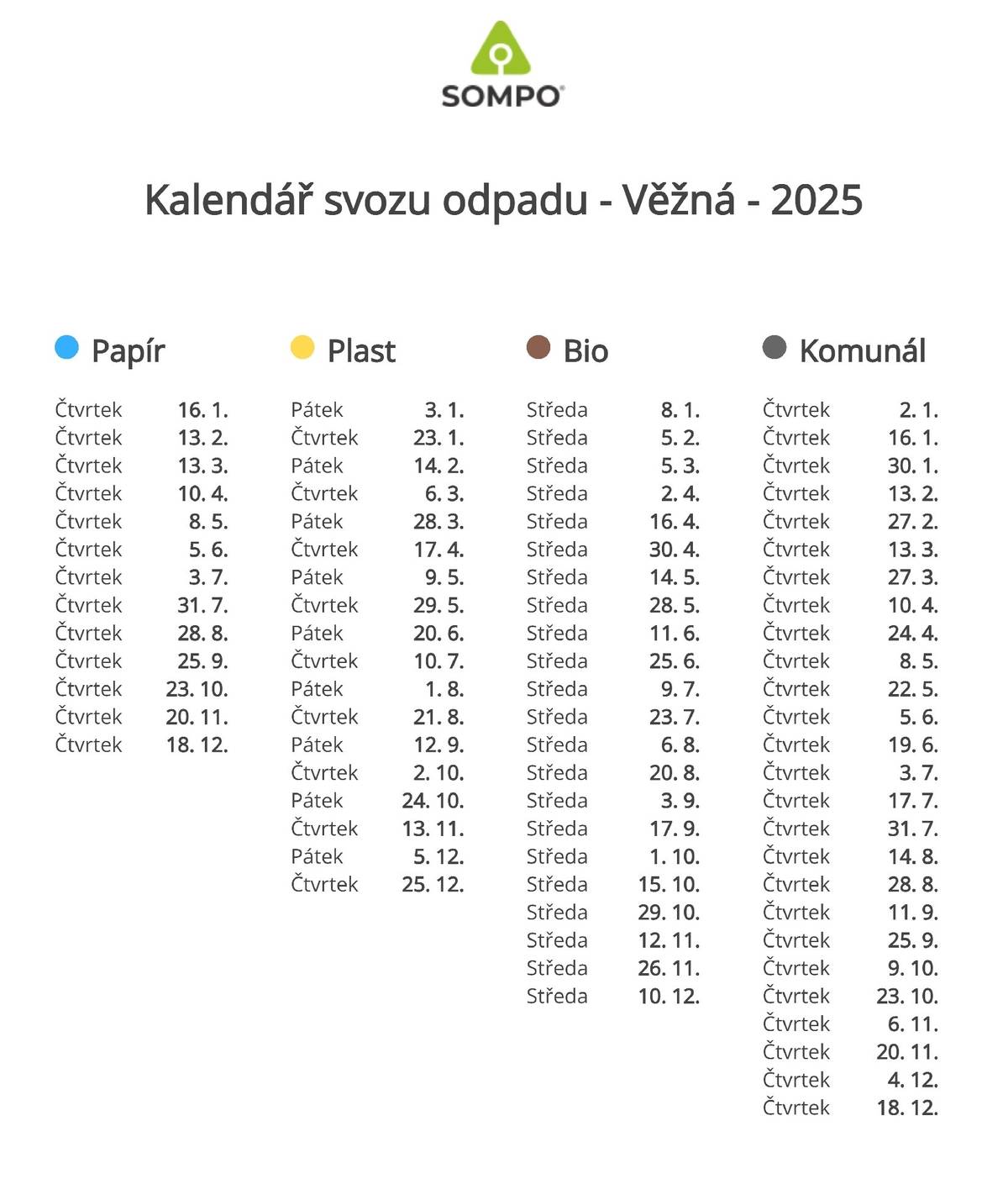 Vážení občané, společnost SOMPO, a. s. zveřejnila kalendář svozu odpadů ve Věžné a v Brné na rok 2025. Touto cestou jej zveřejňujeme i my. Tento kaledář je již k dispozici i v mobilní aplikaci SOMPO a v papírové podobě si jej můžete vyzvednout na Obecním úřadě.
