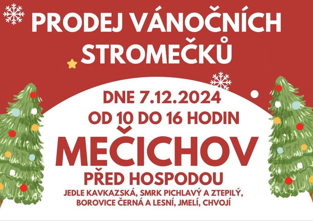 V sobotu 7.12.2024 od 10 do 16 hodin se na návsi před hospodou budou prodávat vánoční stromky.