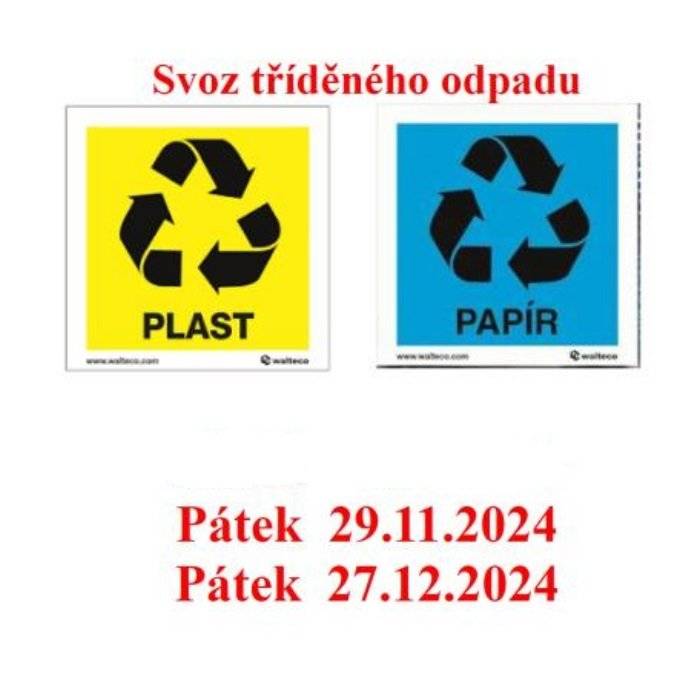 Připomínáme, že zítra 29.11. proběhne svoz tříděného odpadu.