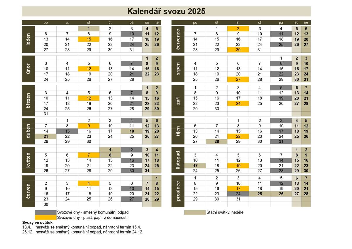 Termíny svozu odpadů pro rok 2025. Kdo použivá aplikaci Munipolisu,  může si soubor vytisknout, ostatní si mohou stáhnout na Termíny svozu odpadů v roce 2025: Nevcehle ,v průběhu příštího týdne bude vytištěná podoba i k vyzvednutí v jídelně ZD Nevcehle 7.