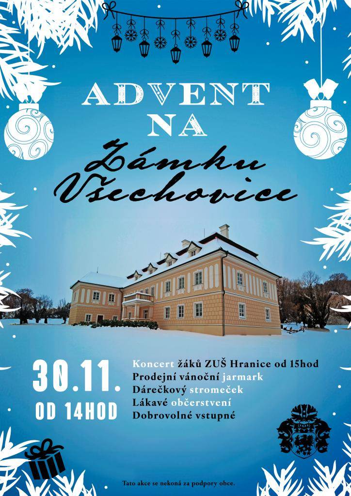 Zámek Všechovice 30.11. od 14 h pořádá advent na Zámku.
