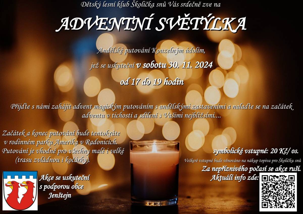 V sobotu dne 30. 11. 2024 Vás zve dětský lesní klub Školička snů, za podpory obce Jenštejn, na akci plnou světýlek...