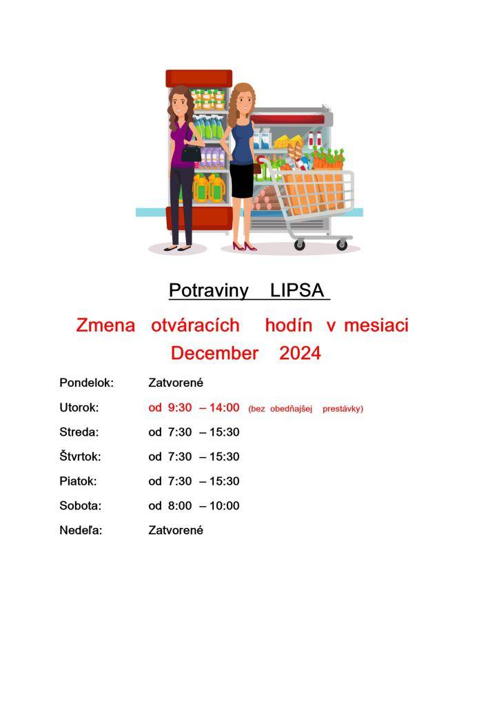 Zmena otváracích hodín v mesiaci december 2024.