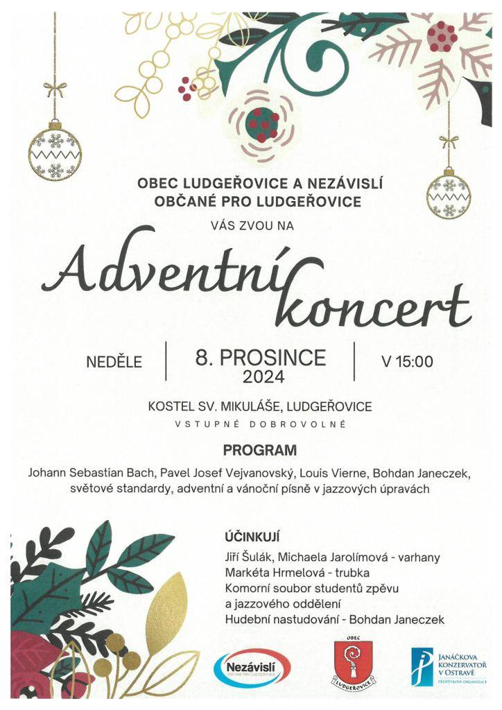 Obec Ludgeřovice a Nezávislí občané pro Ludgeřovice vás zvou na Adventní koncert 8. prosince 2024 v kostele sv. Mikuláše