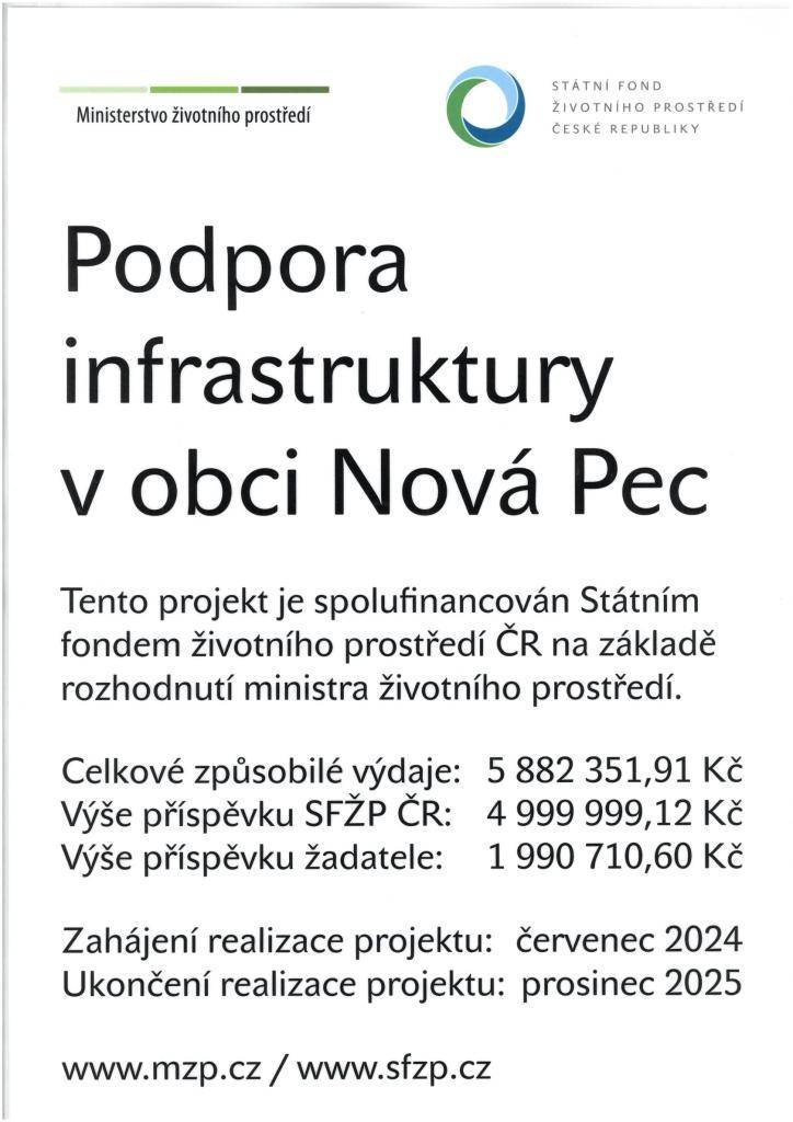 Celkové způsobilé výdaje: 5 882 351,91 Kč  Výše příspěvku SFŽP ČR:   4 999 999,12 Kč  Výše příspěvku žadatele:  1 990 710,60 Kč  Zahájení realizace: červenec 2024  Ukončení realizace projektu: prosinec 2025
