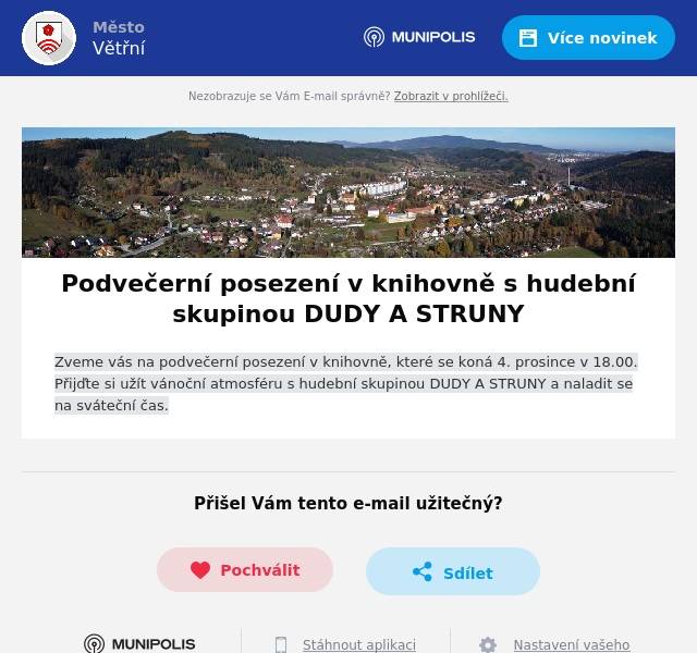 Zveme vás na podvečerní posezení v knihovně, které se koná 4. prosince v 18.00. Přijďte si užít vánoční atmosféru s hudební skupinou DUDY A STRUNY a naladit se na sváteční čas.