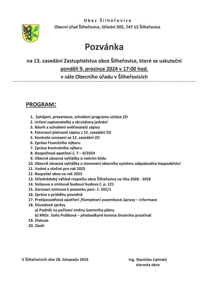 Dne 9. prosince se uskuteční 13. zasedání Zastupitelstva obce Šilheřovice.