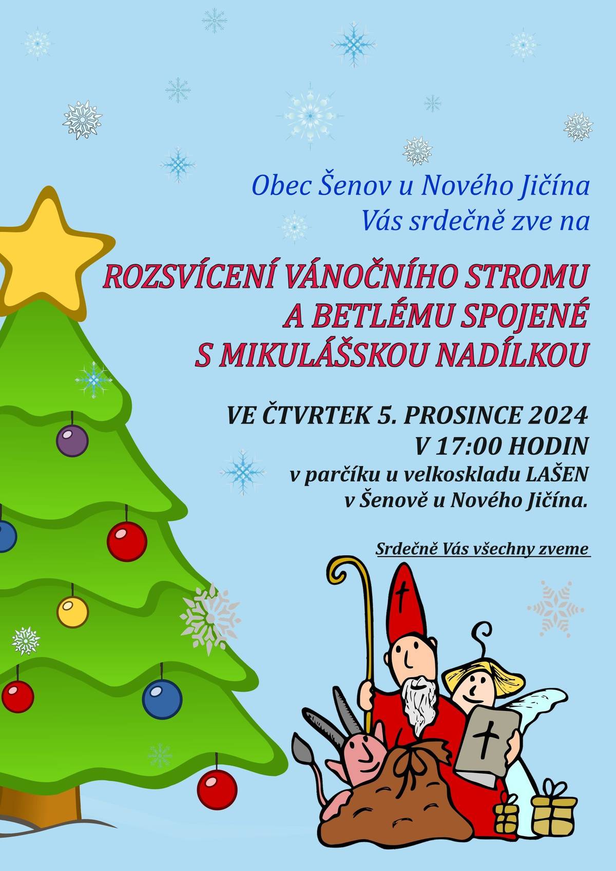 Sdružení kominíků a topenářů Bude provádět v naší obci v PÁTEK dne 13. 12. požadované kontroly a čištění komínů za 450 Kč, čištění plynových kotlů za 450 Kč a revize kotlů na tuhá paliva za 1 100 Kč. Dále nabízí vložkování a frézování komínů. Zájemci se mohou objednat telefonicky na telefonním čísle: 608 748 989 Další zpráva 12. ročník Mikulášského turnaje ve stolním tenise o pohár starosty obce obecní úřad ve spolupráci se sportovní komisí vás srdečně zve na 12. ročník Mikulášského turnaje ve stolním tenise o pohár starosty obce. Turnaj se uskuteční v sobotu 7. prosince od 9:00 hodin v tělocvičně Základní školy v Šenově u Nového Jičína. Zájemci se mohou přihlásit nejpozději do čtvrtku 5. prosince na e.mail: zkubesa@centrum.cz , nebo tel: 605 580 737 další zpráva Rozsvícení vánočního stromu a betlému spojené s Mikulášskou nadílkou obecní úřad ve spolupráci s kulturní komisí vás srdečně zve na tradiční "Rozsvícení vánočního stromu a betlému spojené s Mikulášskou nadílkou". Rozsvícení se uskuteční ve čtvrtek 5. prosince v 17 hodin v parčíku u velkoskladu LAŠEN. Je pro vás připraveno vystoupení  dětí ZŠ a MŠ v Šenově u Nového Jičína, občerstvení a pro děti Mikulášská nadílka.