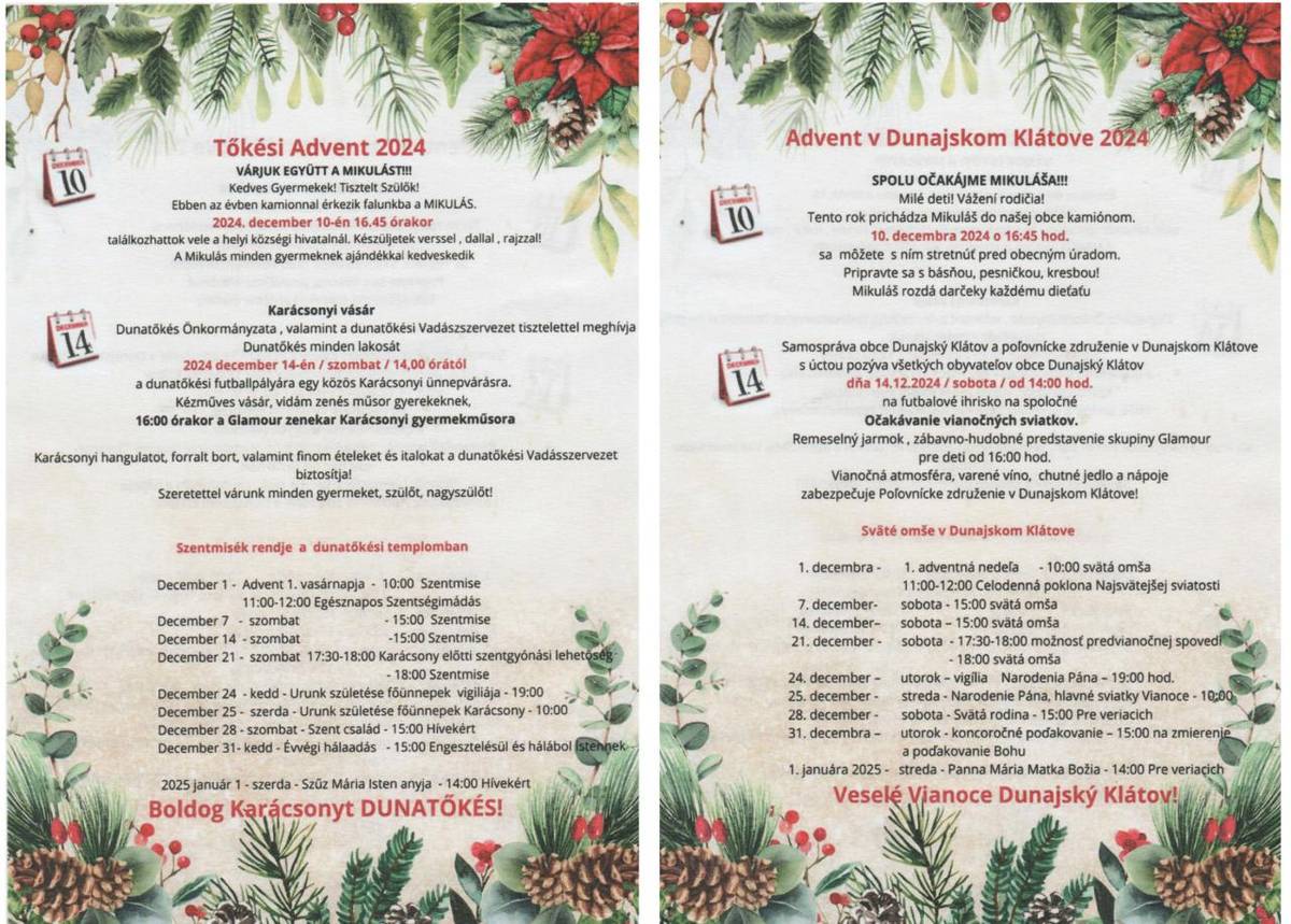 Mikulás - Karácsonyi vásár - Istentiszteletek ***** Mikuláš - Vianočné trhy - Bohoslužby