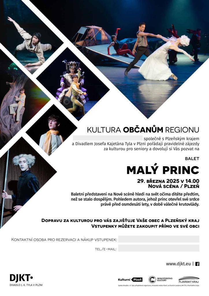 Divadelní představení Malý princ 29.3.2025 ve 14:00 hodin v Novém divadle v Plzni.  „Baletní představení na Nové scéně hledí na svět očima dítěte předtím, než se stalo dospělým.   Vstupenky můžete zakoupit přes OÚ do 20.2.2025, dopravu pro Vás zajišťuje obecní úřad a Plzeňský Kraj.TF 728775637
