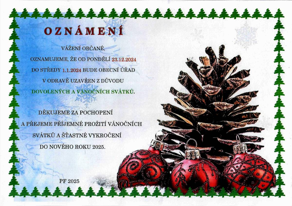 Oznámení o uzavření OÚ přes vánoční svátky
