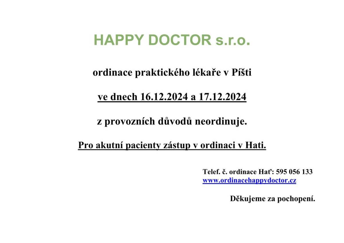 Ordinace praktického lékaře v Píšti dne 16. a 17.12.2024 z provozních důvodů neordinuje