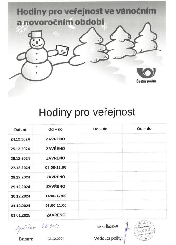Hodiny pro veřejnost ve vánočním a novoročním období