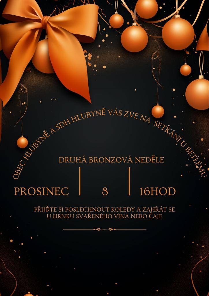 Obec Hlubyně společně s hasiči Vás srdečně zvou na setkání u betlému, které proběhne na 2. adventní neděli 8.12. od 16:00 u bývalého obchodu. Přijďte si poslechnout koledy a načerpat vánoční atmosféru.
