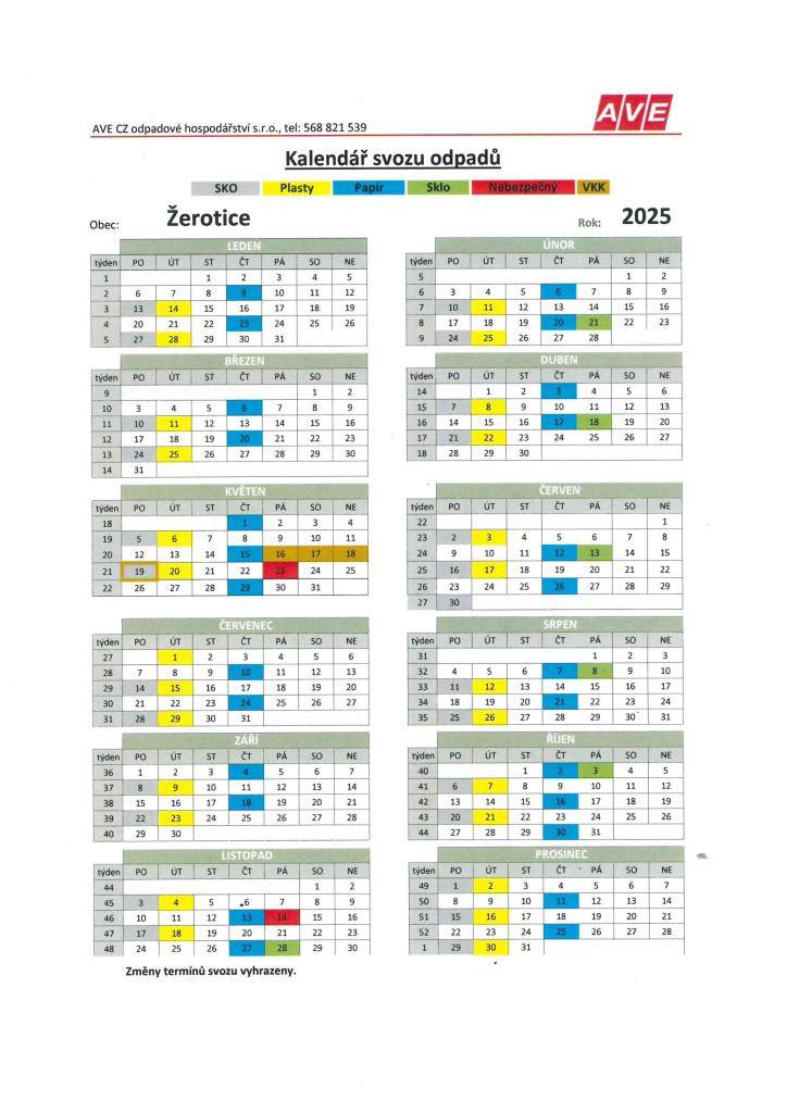 Kalendář svozů odpadů na rok 2025