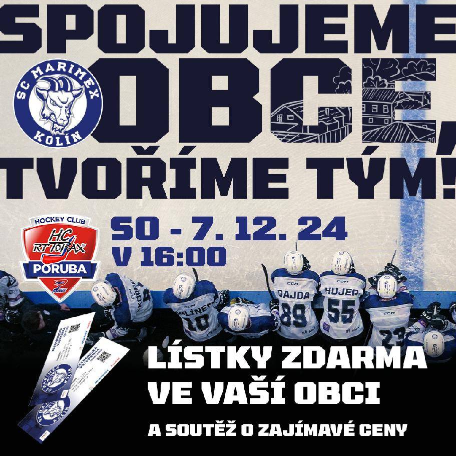 Obyvatelé naší obce, připravte se na pořádnou hokejovou jízdu! Lístky na zápas SC Marimex Kolín – HC RT TORAX Poruba 2011, který se odehraje 7. prosince 2024, jsou již k dispozici zdarma na obecním úřadě.