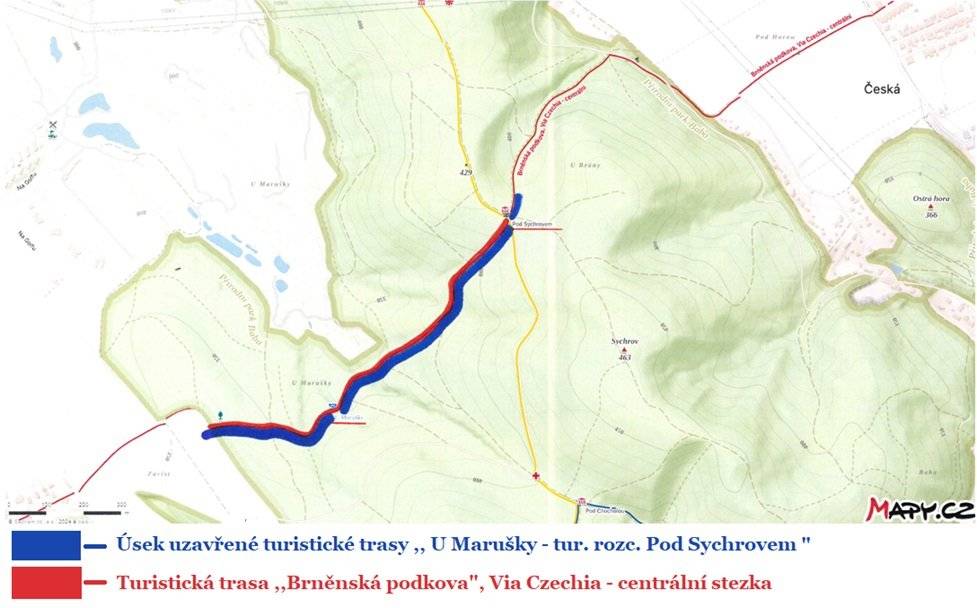 V období listopad – prosinec bude v úseku „U Marušky – turistický rozcestník Pod Sychrovem“ probíhat bezpečnostní těžba dřeva. Odstraňovat se budou pouze poškozené a nemocné stromy, aby se zvýšila bezpečnost a podpořila přirozená obnova lesa.   Tímto úsekem prochází: červená turistická trasa, Centrální stezka Via Czechia, turistická trasa „Brněnská podkova“.   ❗ DŮLEŽITÉ UPOZORNĚNÍ: Po dobu těžby bude část červené turistické trasy uzavřena. Přístupové cesty budou označeny informačními tabulemi a páskami. Prosíme vás, nevstupujte do uzavřeného úseku – jde o vaši bezpečnost!   🌟 Novinka: Lesy České republiky, s.p. navíc plánují v této lokalitě v blízké budoucnosti vybudovat nouzovou útulnu, která poslouží turistům k přenocování či přečkání nepříznivého počasí.   🙏 Děkujeme za pochopení a ohleduplnost.