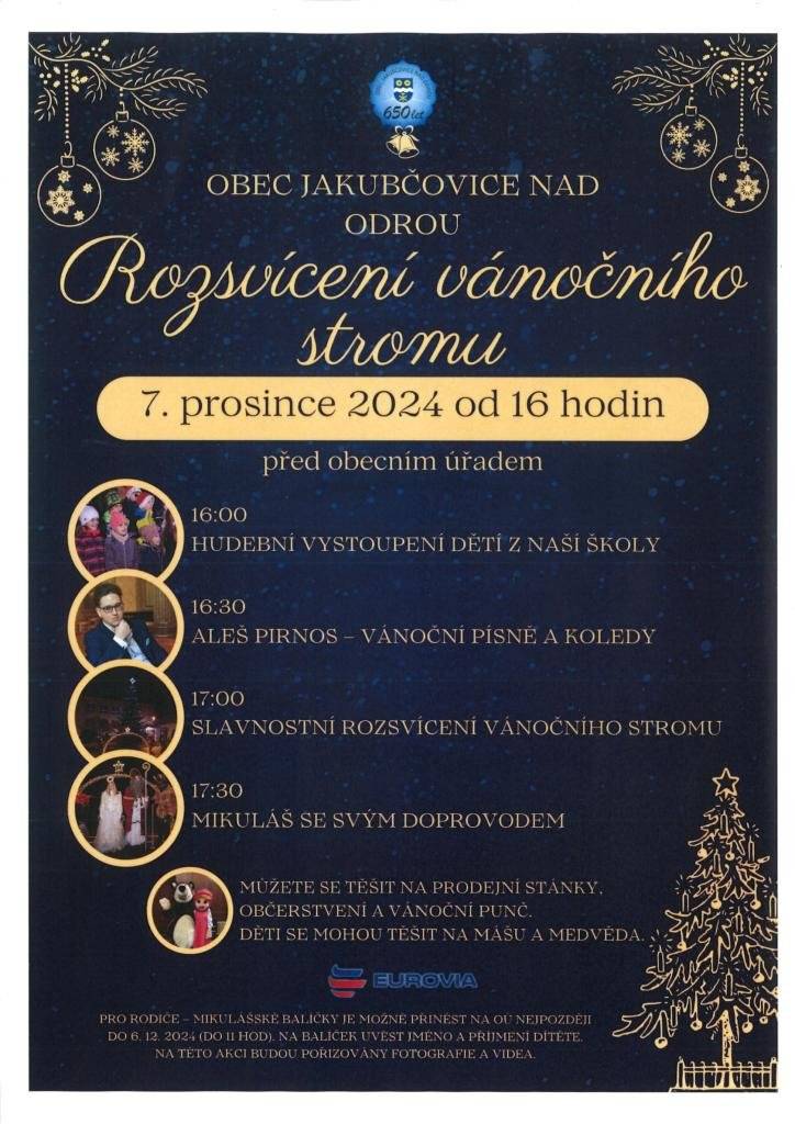 V sobotu 7. 12. 2024 vás srdečně zveme na rozsvěcování vánočního stromu před obecním úřadem. Akce začíná v 16 hodin, vystoupí děti z naší školy, přijde Mikuláš se svojí družinou a taky překvapení v podobě maskotů Máši a medvěda. Těšit se můžete také na vystoupení mladého zpěváka, Aleše Pirnose, s tematikou Vánoc. Můžete si nakoupit na minijarmarku, dát si něco dobrého na zub a zahřát se punčem.