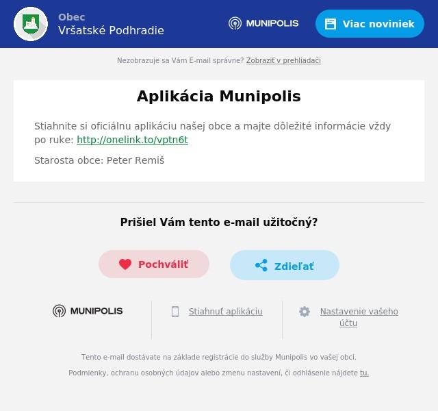 Stiahnite si oficiálnu aplikáciu našej obce a majte dôležité informácie vždy po ruke: http://onelink.to/vptn6t Starosta obce: Peter Remiš