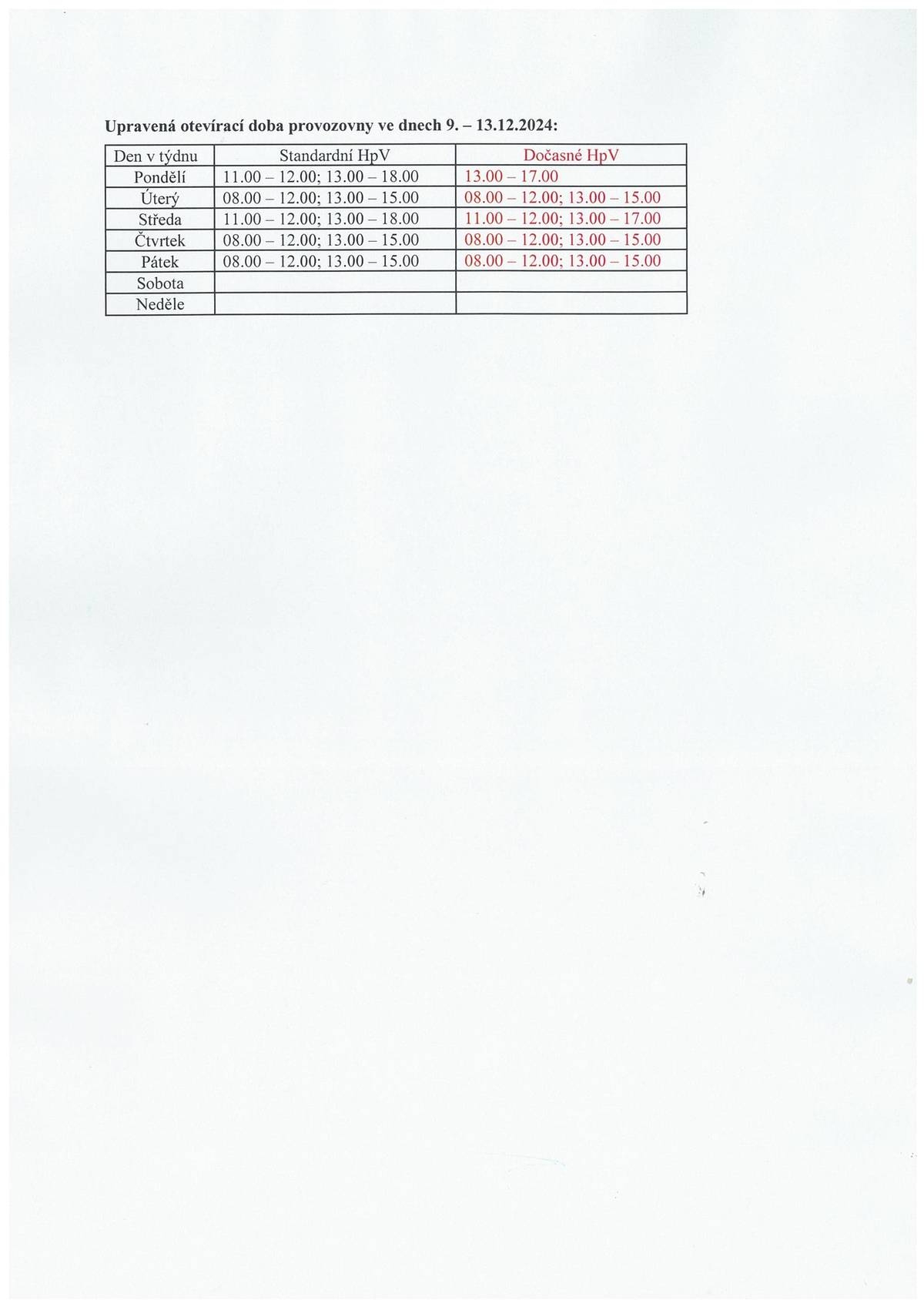 Česká pošta oznamuje, že ve dnech od 9. - 13.12.2024 bude mít z provozních důvodů omezenou otevírací dobu.
