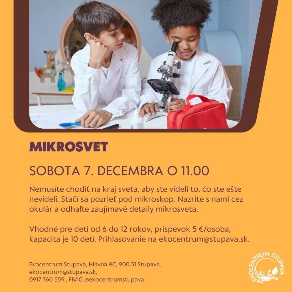 Aj prvú decembrovú sobotu Vás pozývame do Ekocentra Stupava, kde návštevníkov čakajú zaujímavé workshopy Mikrosvet a Ježkovník a ježko na záhrade.