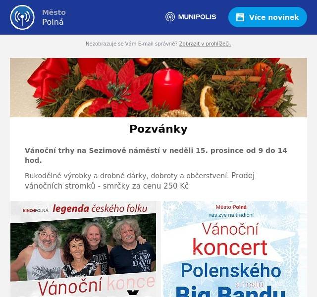 Vánoční trhy na Sezimově náměstí v neděli 15. prosince od 9 do 14 hod. Rukodělné výrobky a drobné dárky, dobroty a občerstvení. Prodej vánočních stromků - smrčky za cenu 250 Kč