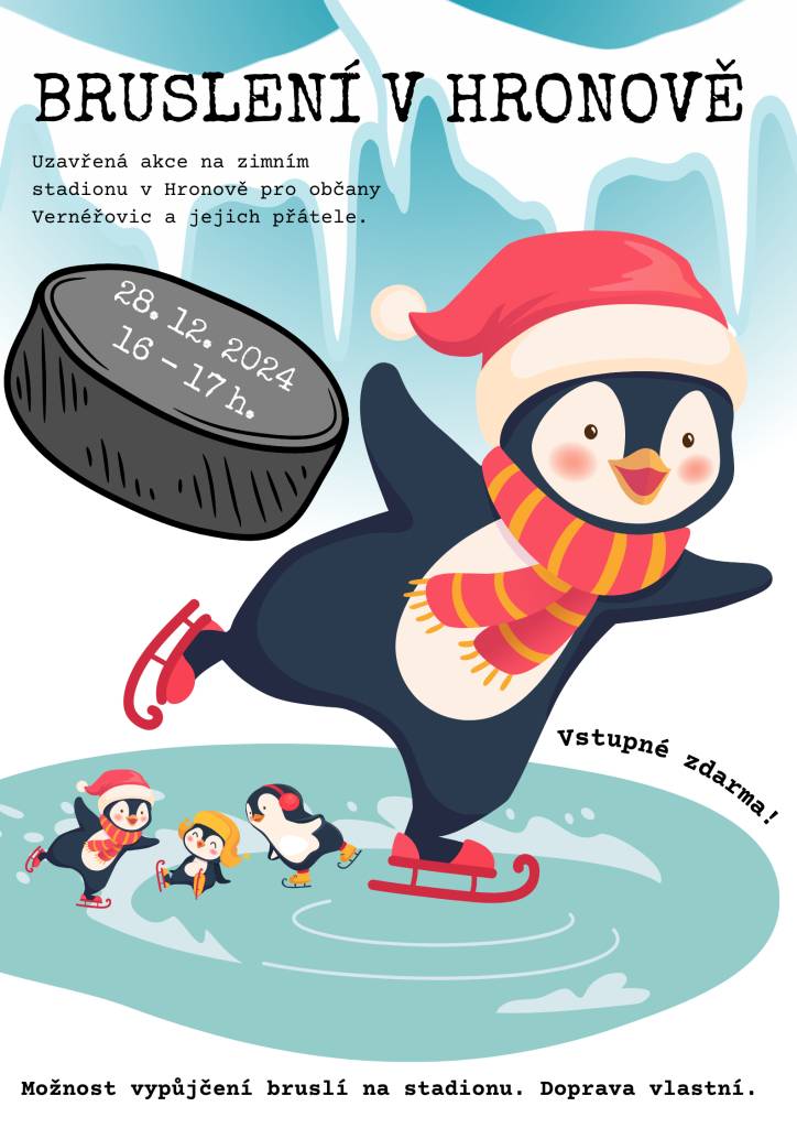 Zveme občany Vernéřovic a jejich přátele na uzavřenou akci bruslení na zimním stadionu v Hronově. Možnost vypůjčení bruslí na místě. Doprava je zajištěna vlastními prostředky.