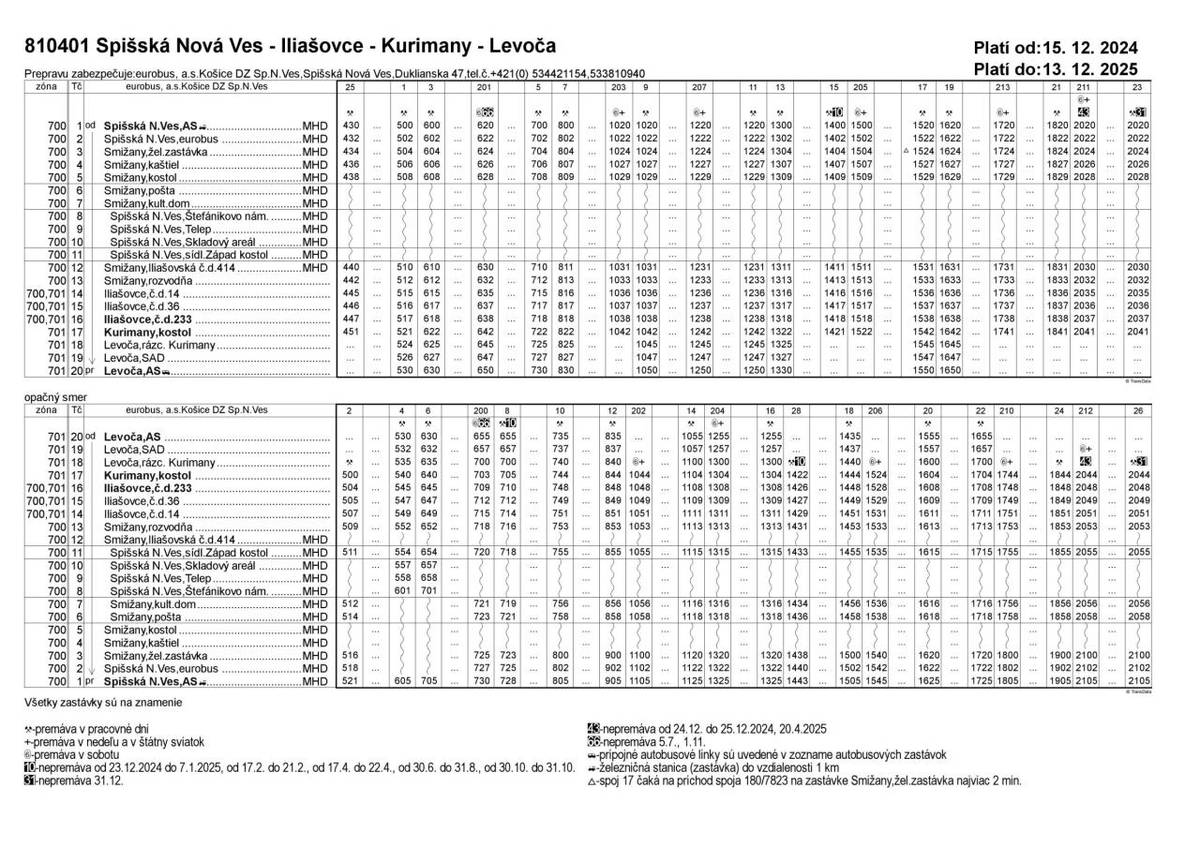 Cestovný poriadok pre našu obec Kurimany EUROBUS od 15.12.2024