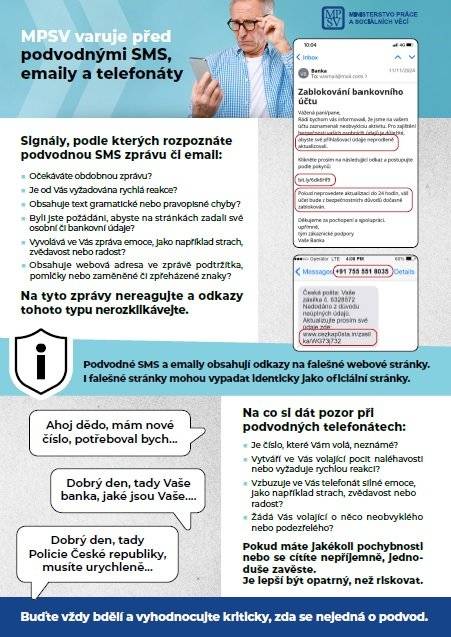 Milí spoluobčané, v příloze této zprávy jste obdrželi leták, který informuje a zároveň varuje před kybenetickými útoky. Cílem těchto digitálních podvodů je využít falešné identity a vylákat citlivé osobní a bankovní údaje od našich občanů. Buďte, prosím bdělí a vyhodnocujte kriticky, zda se nejedná o podvod. Děkujeme.