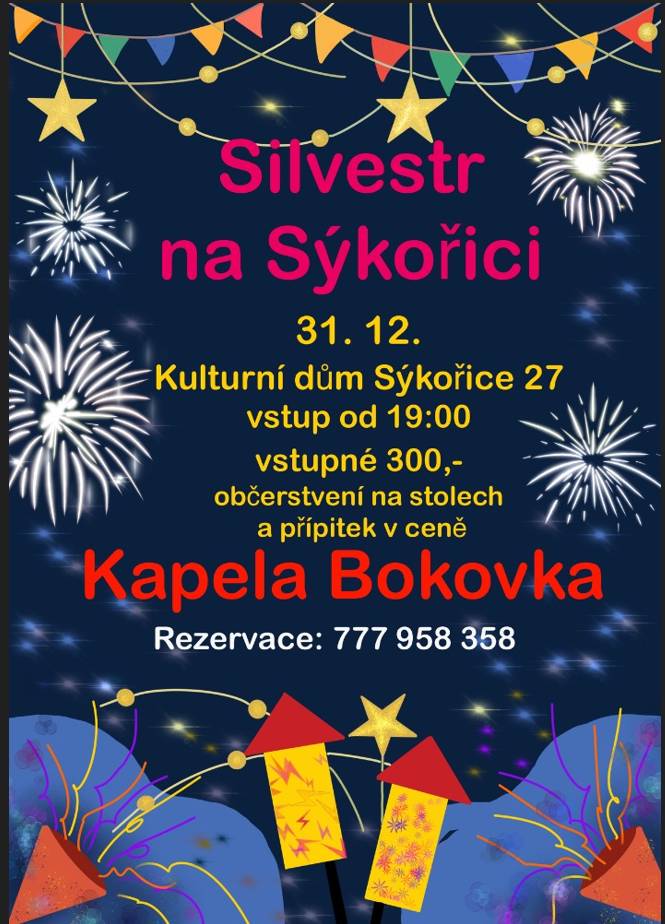 Na Sýkořici se chystá Silvestrovská oslava, která se uskuteční 31. prosince od 19.hod. v kulturním domě. Hosté se mohou těšit na živou hudbu od kapely Bokovka, která přispěje k nezapomenutelnému zakončení roku. Malé občerstvení zajištěno v ceně vstupného 300,- Kč na osobu.