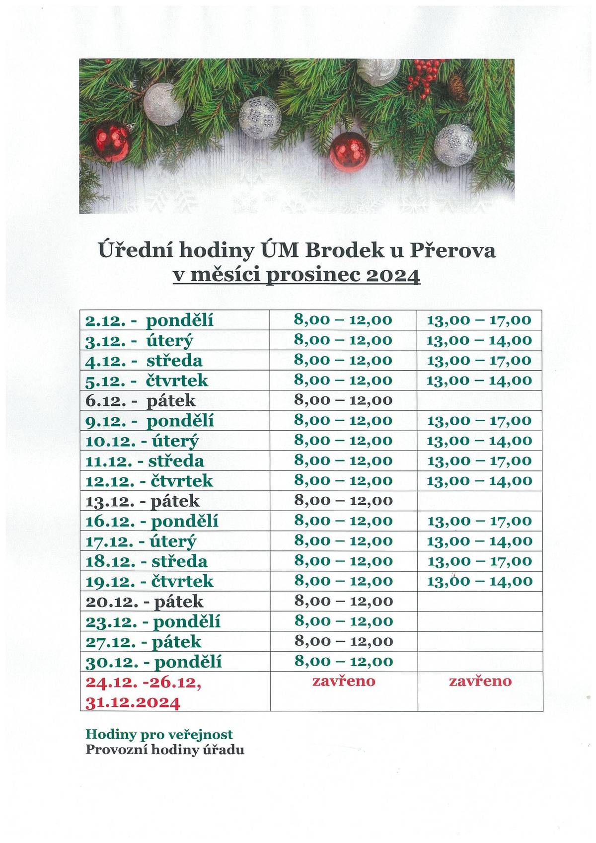 Úřední hodiny v měsíci prosinci 2024.