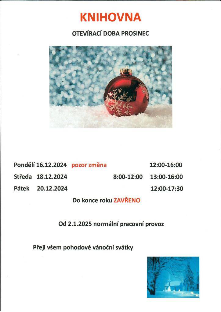 Otevírací doba Městské knihovny Bavorov o vánočních svátcích.